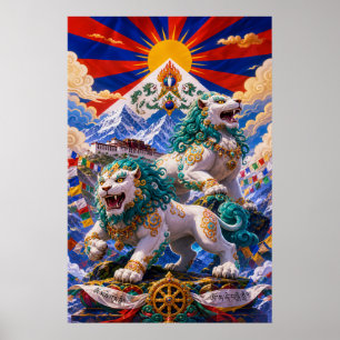 Tibetische Schneelöwen - Himalayisches buddhistisc Poster