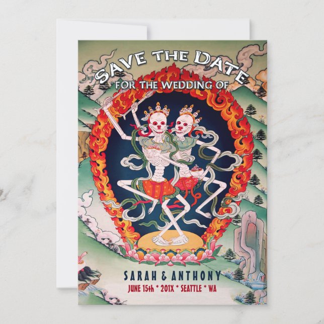 Tibetische Skelette tanzen Save the Date (Vorderseite)