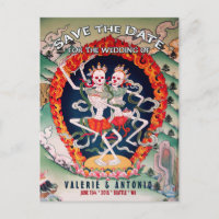 Tibetische Skelette tanzen Save the Date Postkarte