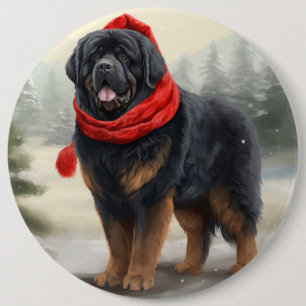 Tibetischer Mastiff Hund in Schneeweihnachtszeit Button