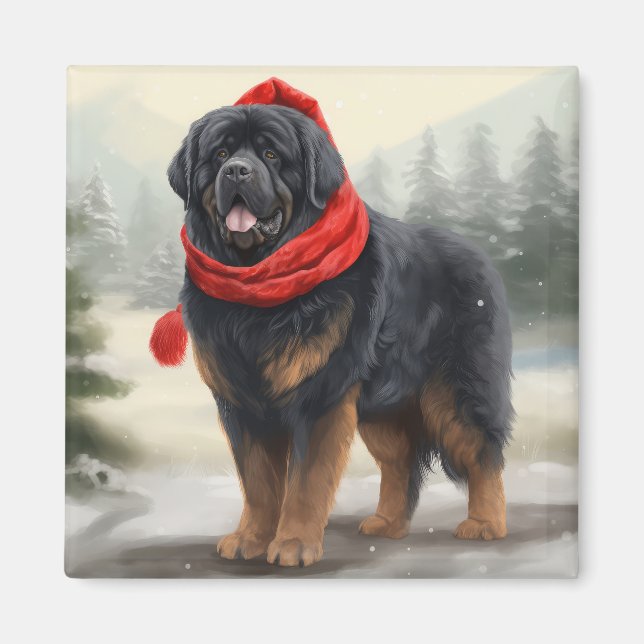 Tibetischer Mastiff Hund in Schneeweihnachtszeit Magnet (Vorne)