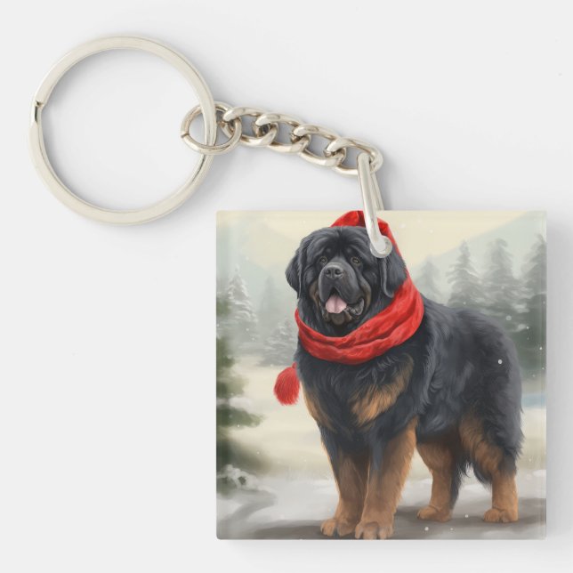 Tibetischer Mastiff Hund in Schneeweihnachtszeit Schlüsselanhänger (Vorderseite)