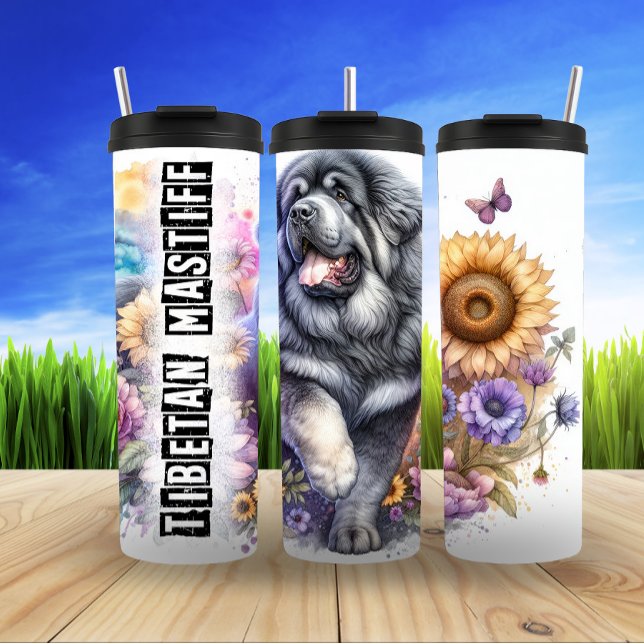Tibetischer Mastiff unter Blume und Schmetterlinge Thermosbecher (Von Creator hochgeladen)