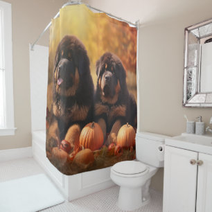 Tibetischer Mastiff Welpe Herbst Kürbis Duschvorhang