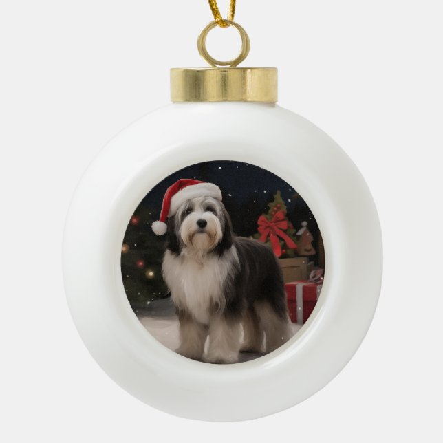 Tibetischer Terrier Dog zu Schneehochzeiten Keramik Kugel-Ornament (Vorderseite)