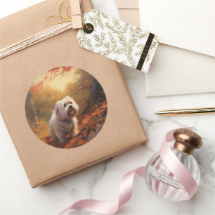 Tibetischer Terrier im Herbstfall Inspiriert Runder Aufkleber