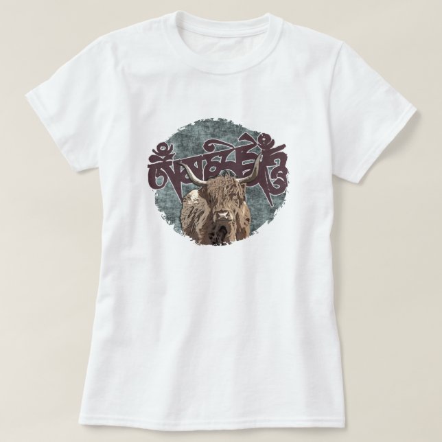 Tibetischer Yak mit Mani Mantra(OM MANI PADME HUM) T-Shirt (Design vorne)