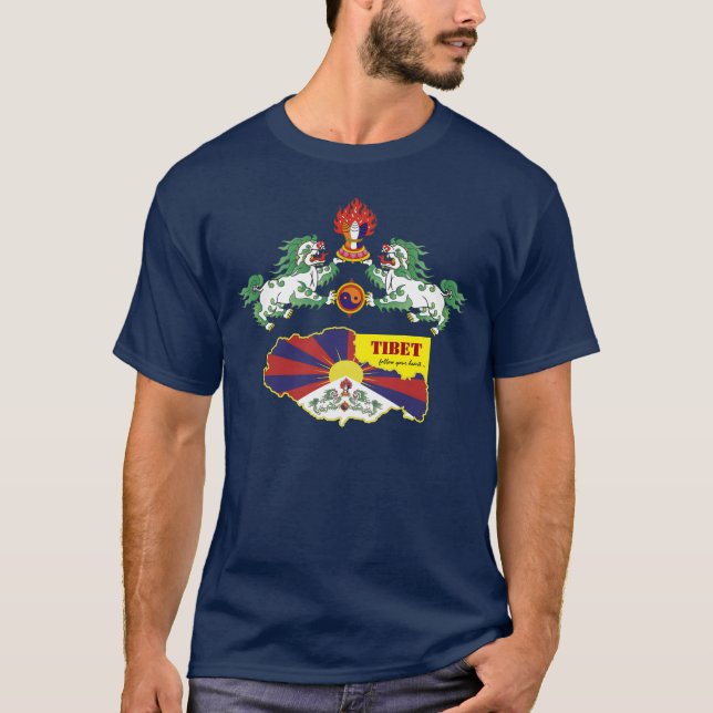 Tibetisches Flaggenhemd, Snow Lions, Karte / Tibet T-Shirt (Vorderseite)