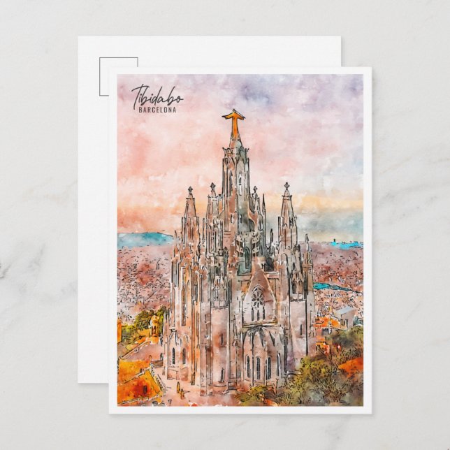 Tibidabo Barcelona Vintage Reise Aquarell Postkarte (Vorne/Hinten)