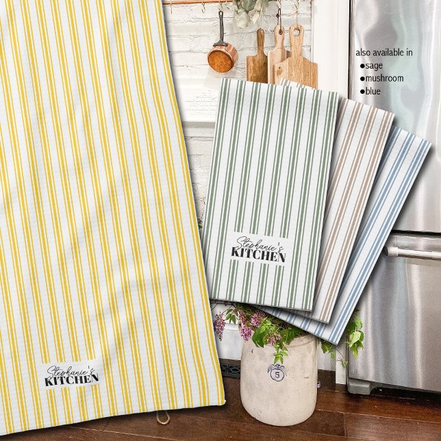 Tickende Streifen Vintage Farmhaus Gelb Geschirrtuch (Add a touch of vintage charm to your kitchen decor with these vintage ticking stripe towels.)