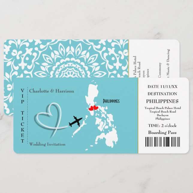 Ticket Boarding Pass Hochzeit Philippinen Einladung (Vorne/Hinten)