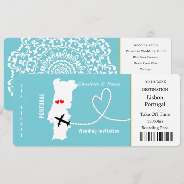 Ticket Boarding Pass Portugal Wedding Destination Einladung (Vorne/Hinten)