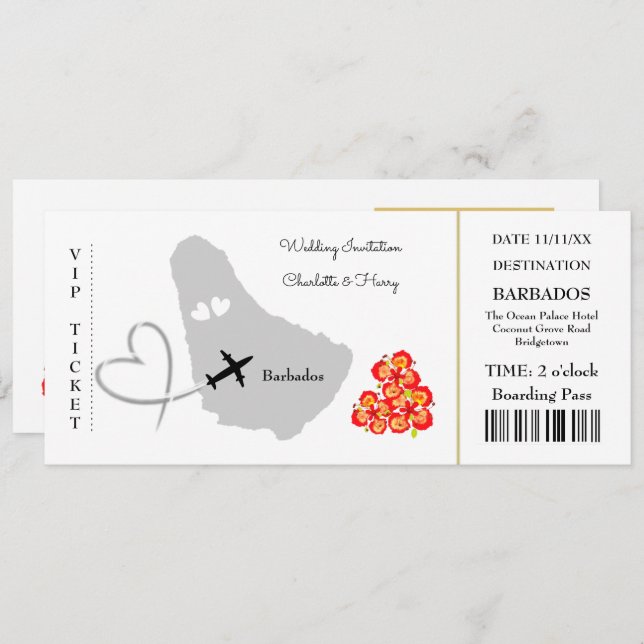 Ticket Boarding Pass Wedding Destination Barbados Einladung (Vorne/Hinten)