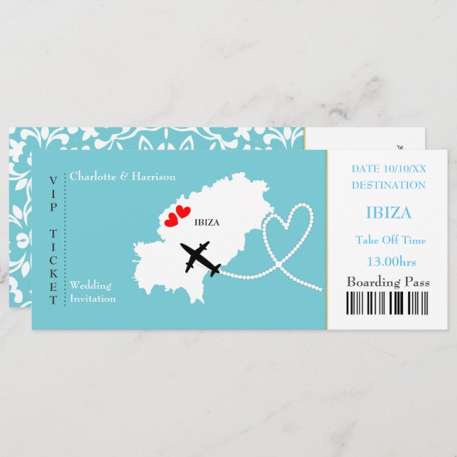 Ticket Boarding Pass Wedding Destination Ibiza Einladung (Vorne/Hinten)