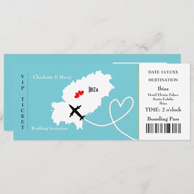Ticket Boarding Pass Wedding Destination Ibiza Einladung (Vorne/Hinten)