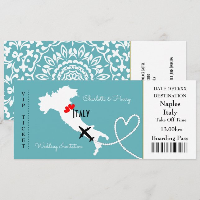 Ticket Boarding Pass Wedding Destination Italien Einladung (Vorne/Hinten)
