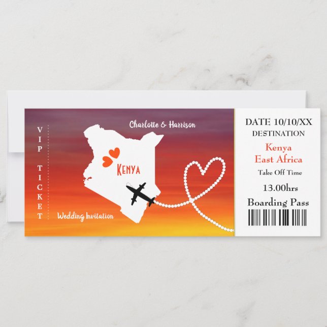 Ticket Boarding Pass Wedding Destination Kenya Einladung (Vorderseite)