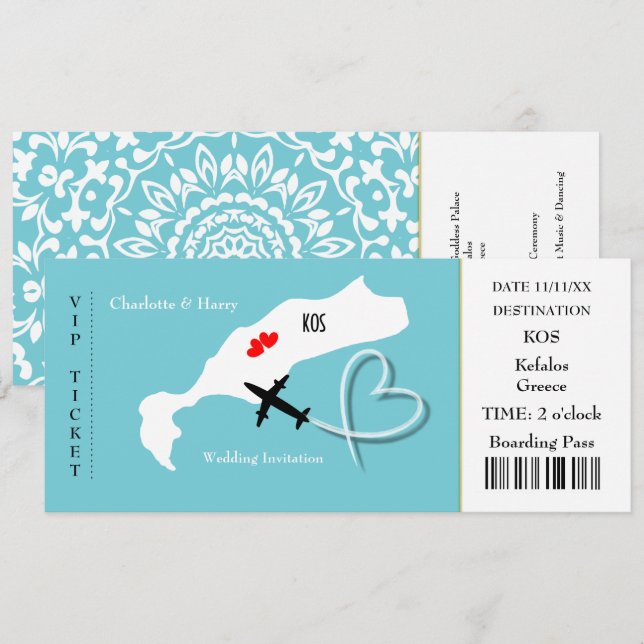 Ticket Boarding Pass Wedding Destination Kos Einladung (Vorne/Hinten)