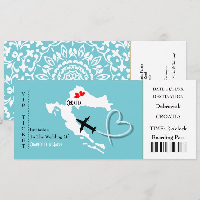 Ticket Boarding Pass Wedding Destination Kroatien Einladung (Vorne/Hinten)