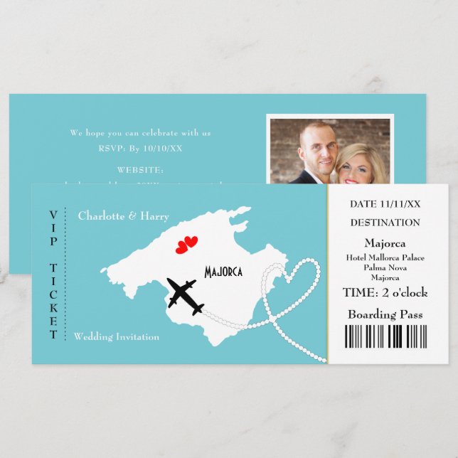 Ticket Boarding Pass Wedding Destination Mallorca Einladung (Vorne/Hinten)