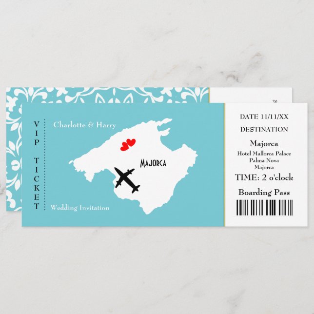 Ticket Boarding Pass Wedding Destination Mallorca Einladung (Vorne/Hinten)
