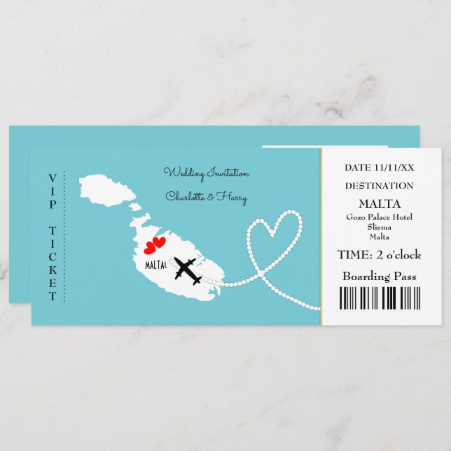 Ticket Boarding Pass Wedding Destination Malta Einladung (Vorne/Hinten)