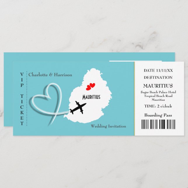 Ticket Boarding Pass Wedding Destination Mauritius Einladung (Vorne/Hinten)