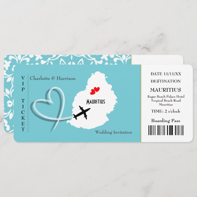 Ticket Boarding Pass Wedding Destination Mauritius Einladung (Vorne/Hinten)