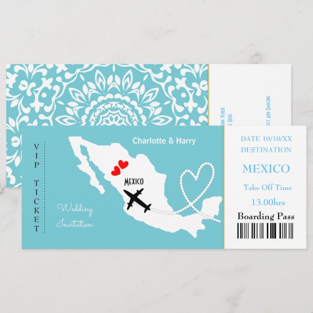 Ticket Boarding Pass Wedding Destination Mexiko Einladung (Vorne/Hinten)