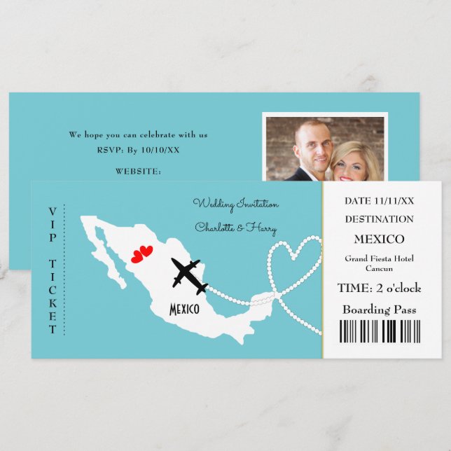 Ticket Boarding Pass Wedding Destination Mexiko Einladung (Vorne/Hinten)