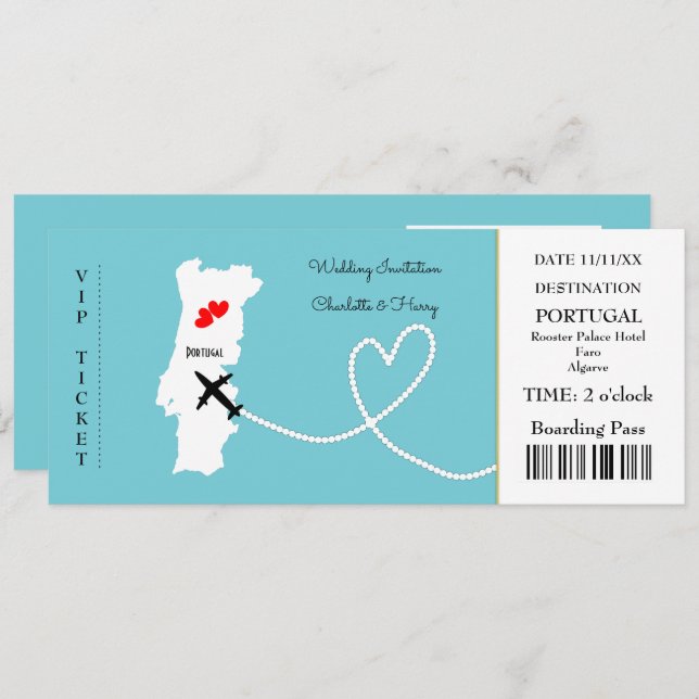 Ticket Boarding Pass Wedding Destination Portugal Einladung (Vorne/Hinten)