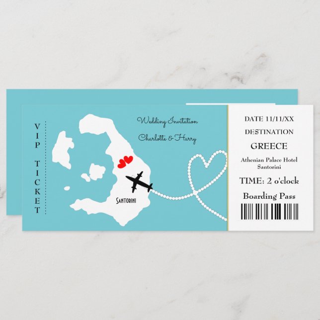 Ticket Boarding Pass Wedding Destination Santorini Einladung (Vorne/Hinten)