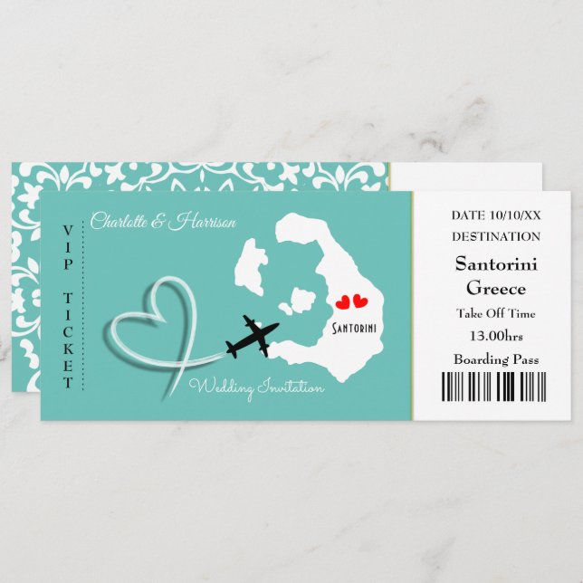 Ticket Boarding Pass Wedding Destination Santorini Einladung (Vorne/Hinten)
