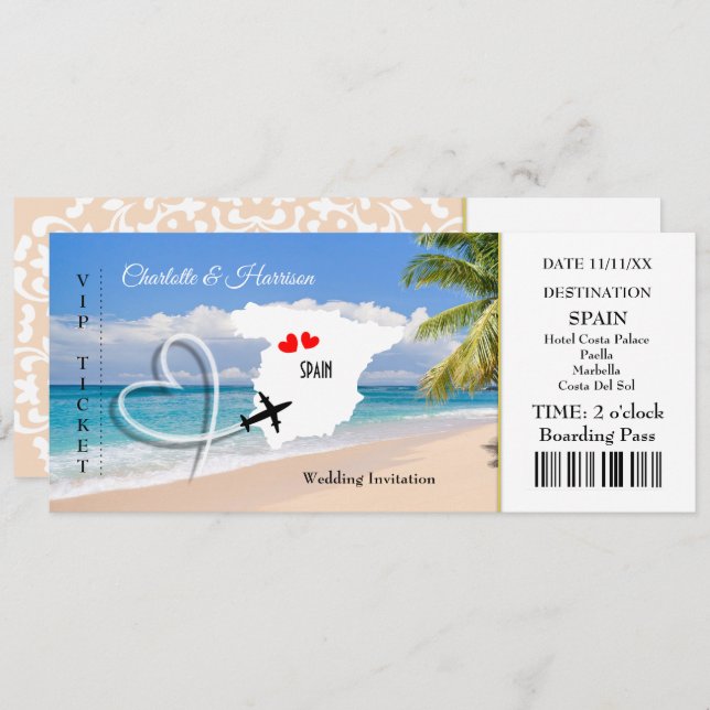 Ticket Boarding Pass Wedding Destination Spanien Einladung (Vorne/Hinten)