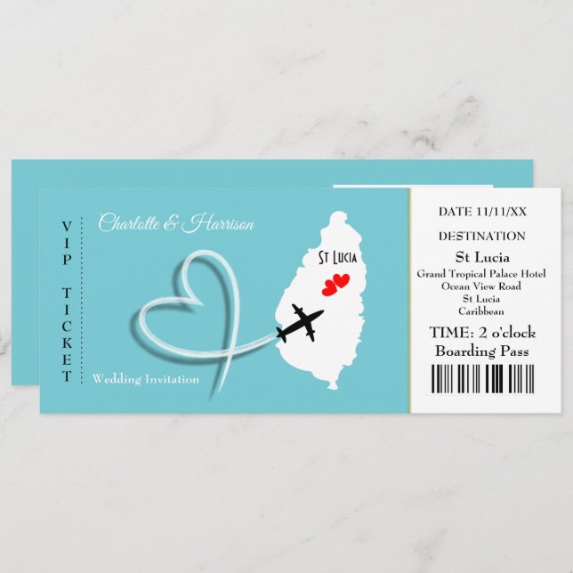 Ticket Boarding Pass Wedding Destination St Lucia Einladung (Vorne/Hinten)