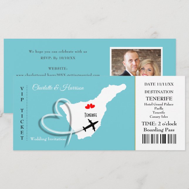 Ticket Boarding Pass Wedding Destination Teneriffa Einladung (Vorne/Hinten)