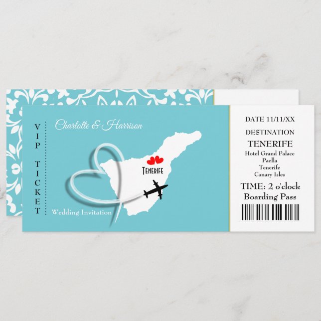 Ticket Boarding Pass Wedding Destination Teneriffa Einladung (Vorne/Hinten)