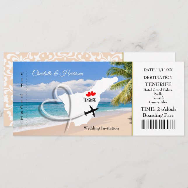 Ticket Boarding Pass Wedding Destination Teneriffa Einladung (Vorne/Hinten)