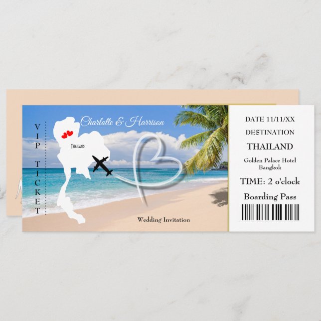 Ticket Boarding Pass Wedding Destination Thailand Einladung (Vorne/Hinten)
