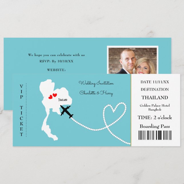Ticket Boarding Pass Wedding Destination Thailand Einladung (Vorne/Hinten)