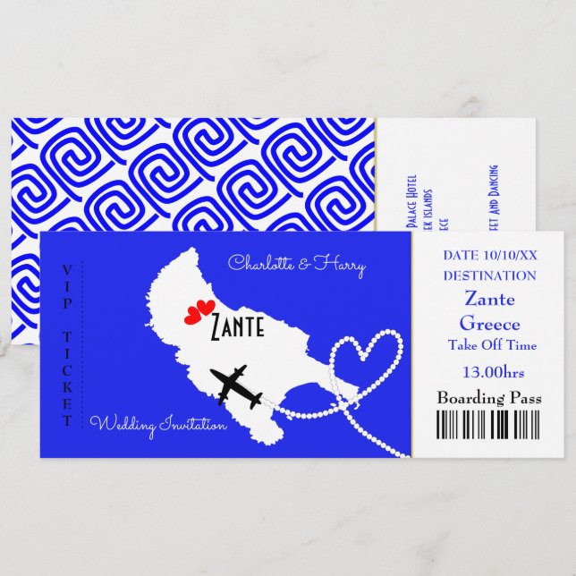 Ticket Boarding Pass Wedding Destination Zante Einladung (Vorne/Hinten)