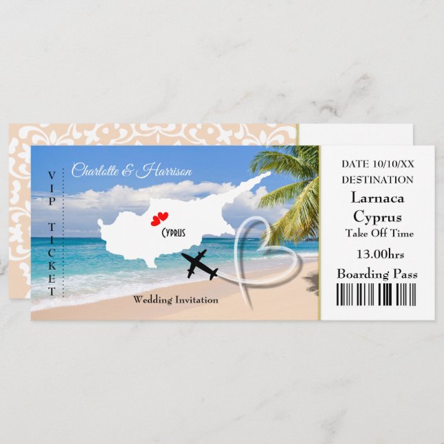 Ticket Boarding Pass Wedding Destination Zypern Einladung (Vorne/Hinten)