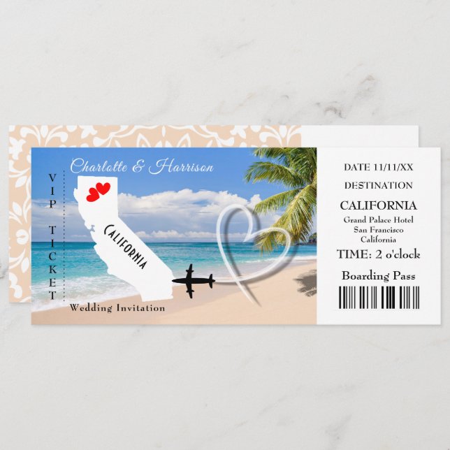 Ticket BoardingPass Wedding Destination California Einladung (Vorne/Hinten)