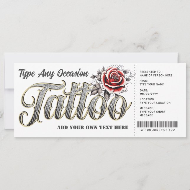 Ticket für das Geschenkgutschein der Rose Tattoo Einladung (Vorderseite)