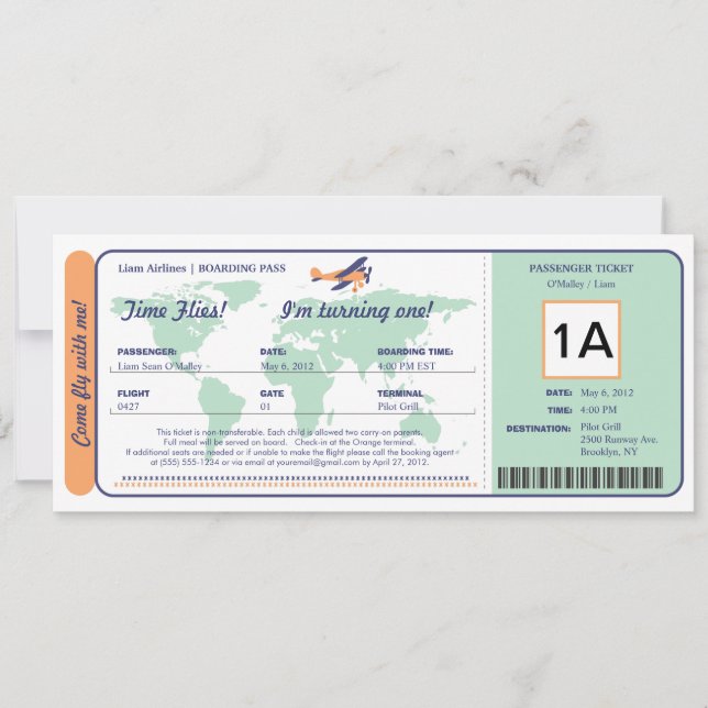 Ticket für den World Map Birthday Boarding Pass Einladung (Vorderseite)