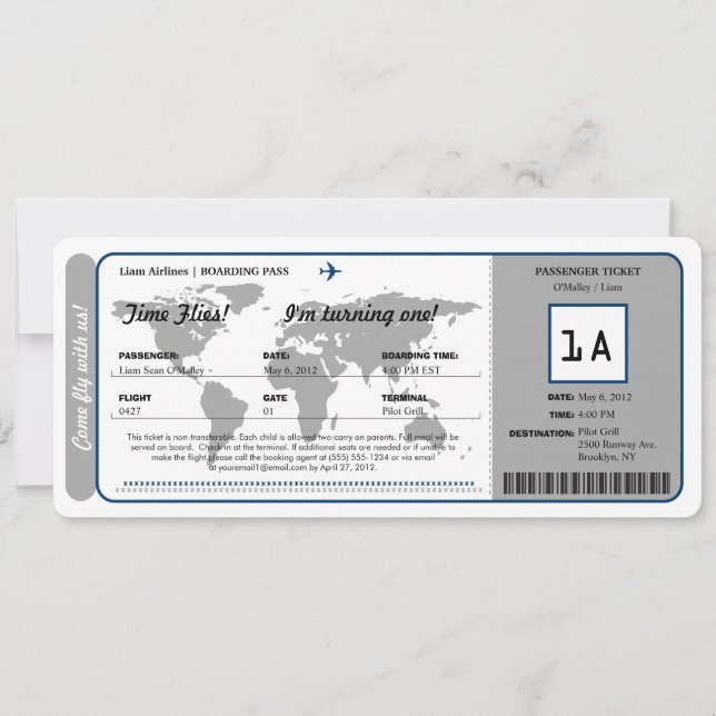 Ticket für den World Map Birthday Boarding Pass Einladung (Vorderseite)