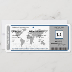 Ticket für den World Map Birthday Boarding Pass Einladung