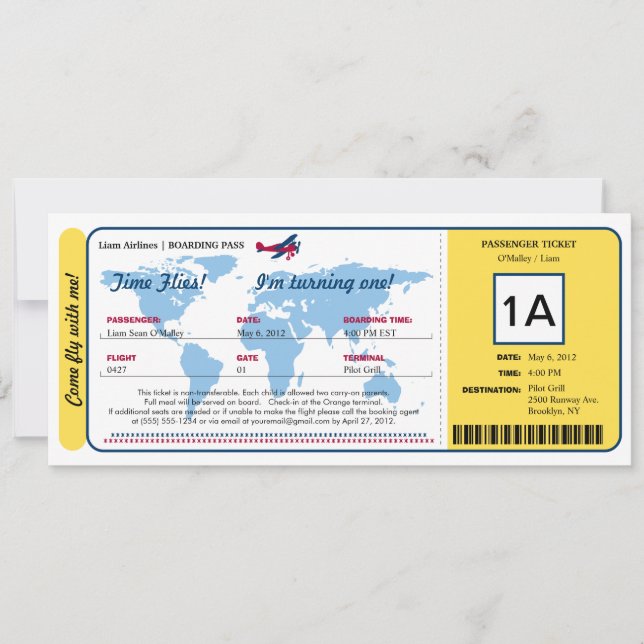 Ticket für den World Map Birthday Boarding Pass Einladung (Vorderseite)