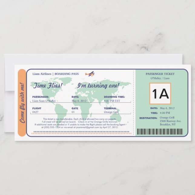 Ticket für den World Map Birthday Boarding Pass Einladung (Vorderseite)
