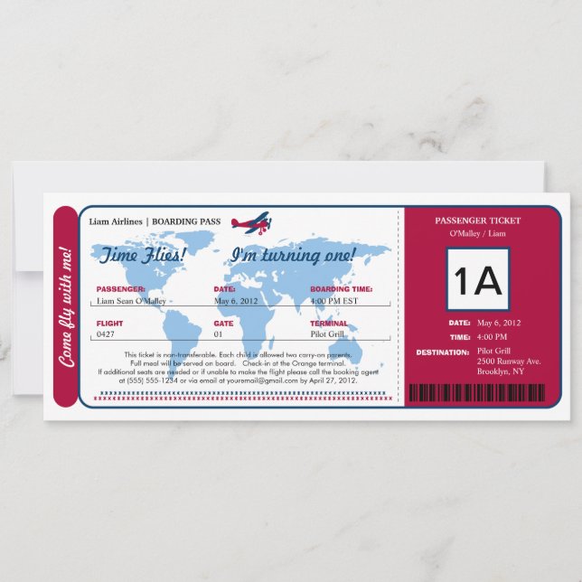 Ticket für den World Map Birthday Boarding Pass Einladung (Vorderseite)